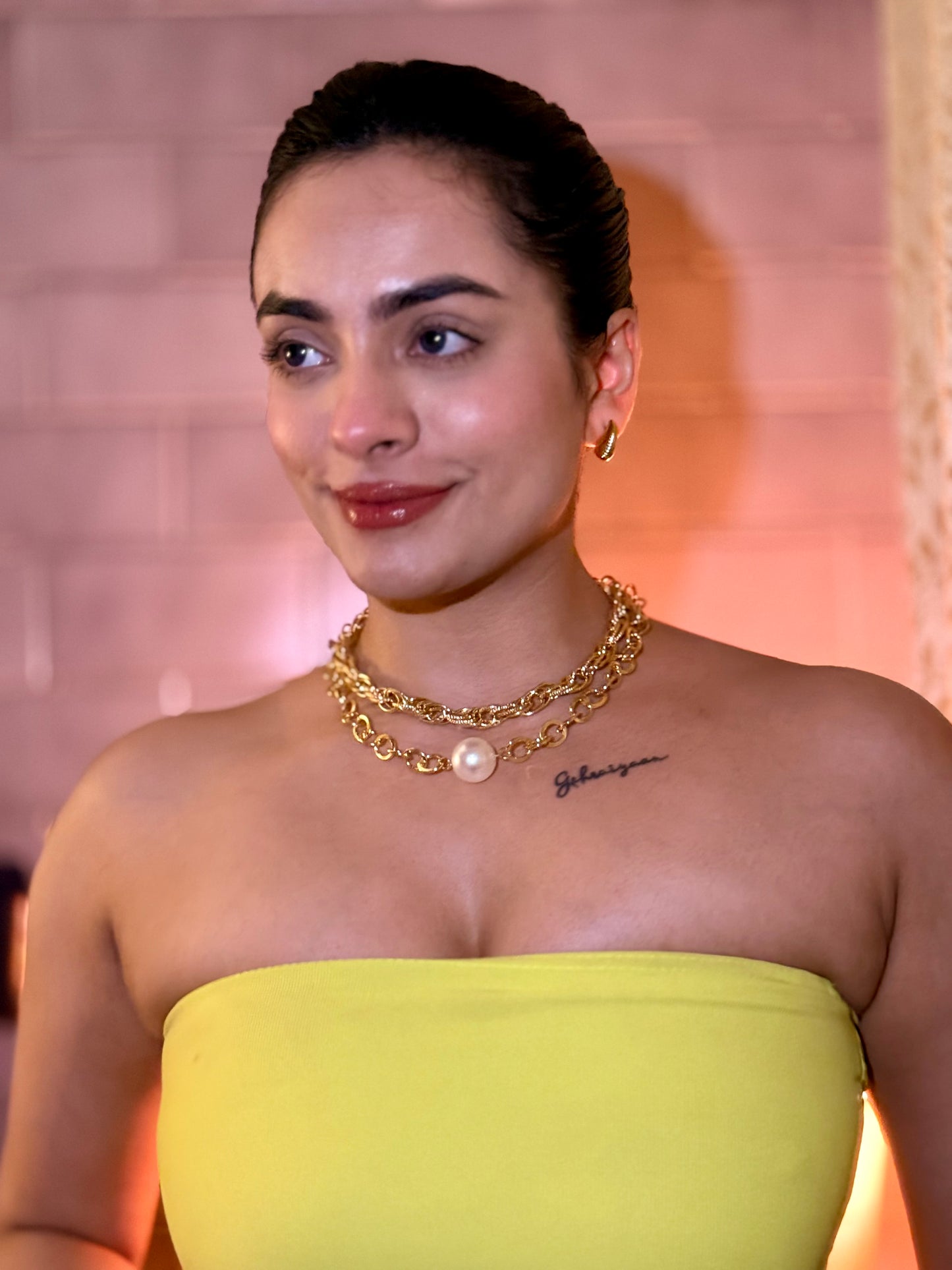 Solitaire Pearl & Dual 18k Gold plated Chain Necklace