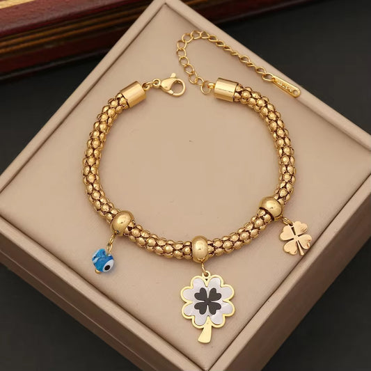 "Aarina Jewellery 18k Gold Plated Clover & Evil Eye Charm Bracelet – Anti-Tarnish & Waterproof "