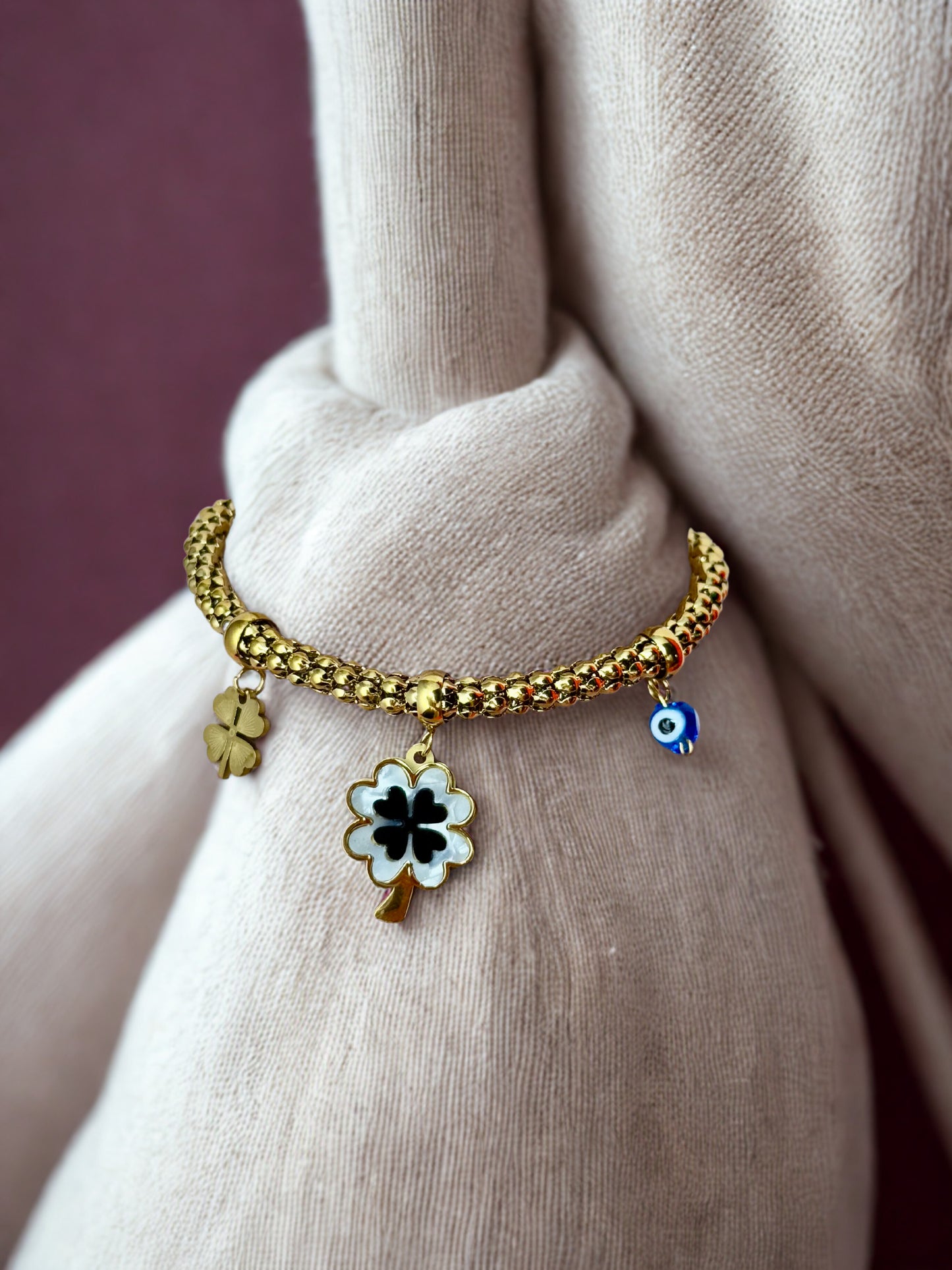 "Aarina Jewellery 18k Gold Plated Clover & Evil Eye Charm Bracelet – Anti-Tarnish & Waterproof "