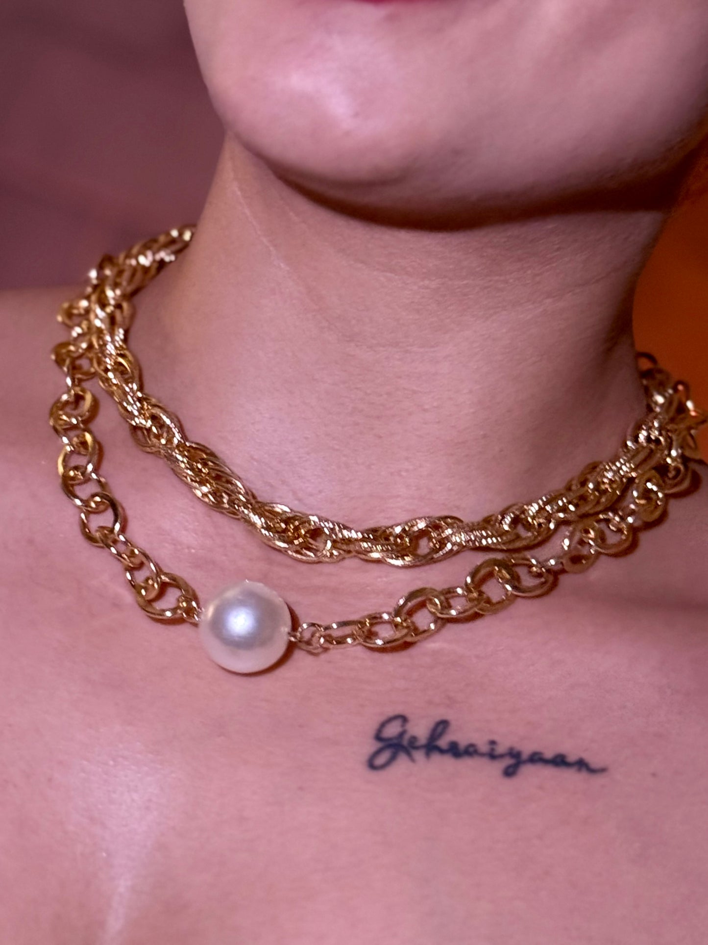 Solitaire Pearl & Dual 18k Gold plated Chain Necklace
