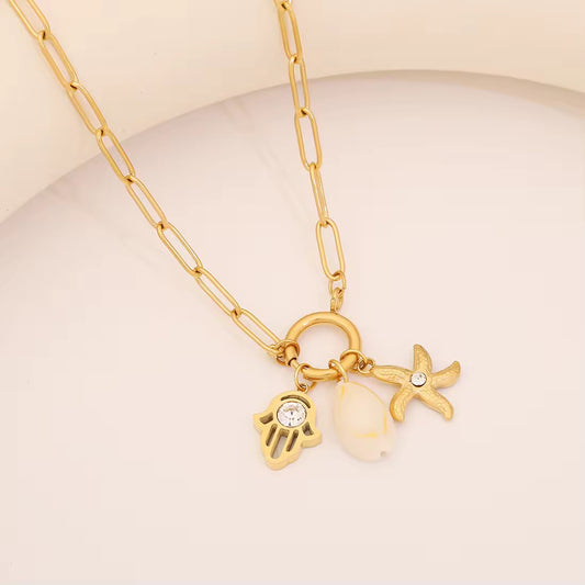 18K Gold Plated Charm Pendant Necklace – Hamsa, Starfish & Shell | Waterproof & Anti-Tarnish | Aarina Jewellery