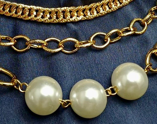 Elegant Triple Pearl 18K Gold PLATED Chain Statement Necklace