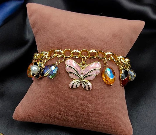 Enchanted Butterfly Charm Bracelet – Luxe Gold Plated with Multicolor Crystals