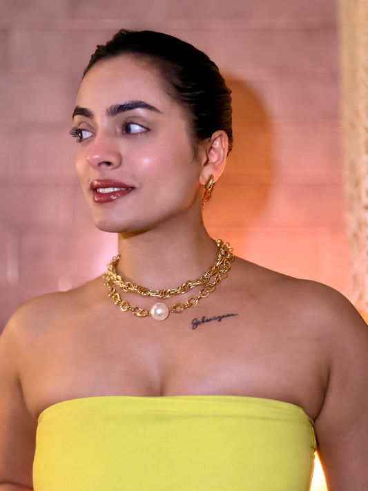 Solitaire Pearl & Dual 18k Gold plated Chain Necklace