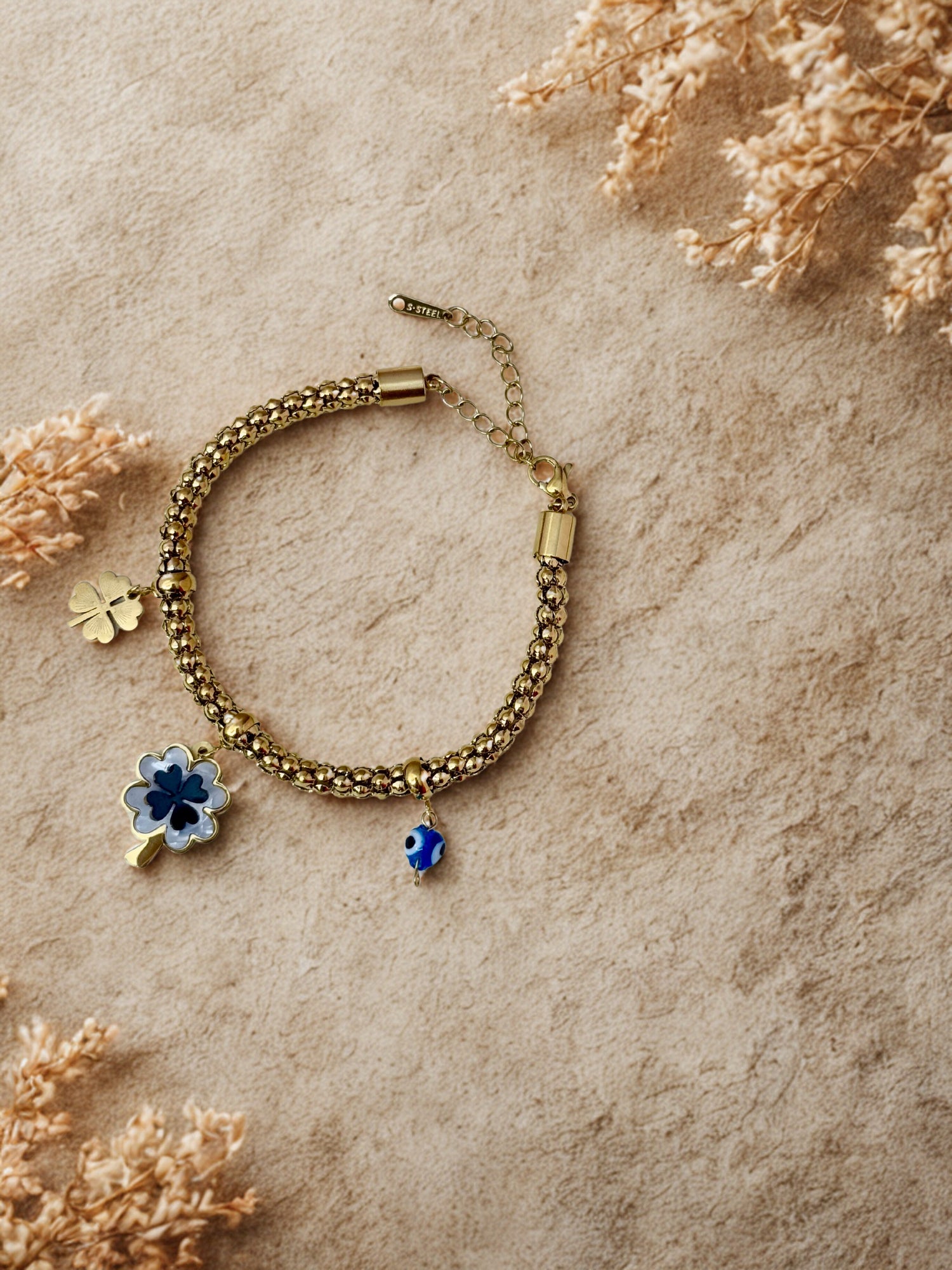 Aarina Jewellery 18k Gold Plated Clover & Evil Eye Charm Bracelet – Anti-Tarnish & Waterproof