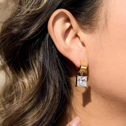 Royal Square Solitaire Huggie Hoops