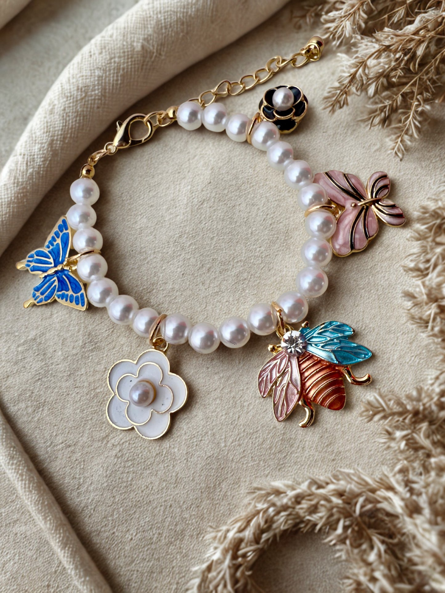 "Aarina Jewellery 18k Gold Plated Enchanted Garden Pearl Charm Bracelet – Anti-Tarnish & Waterproof "