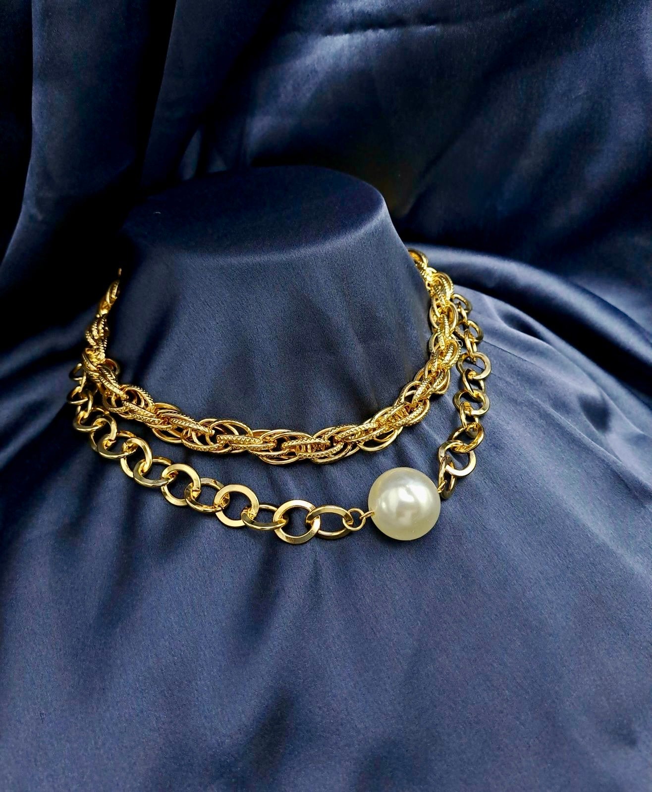 Solitaire Pearl & Dual 18k Gold plated Chain Necklace