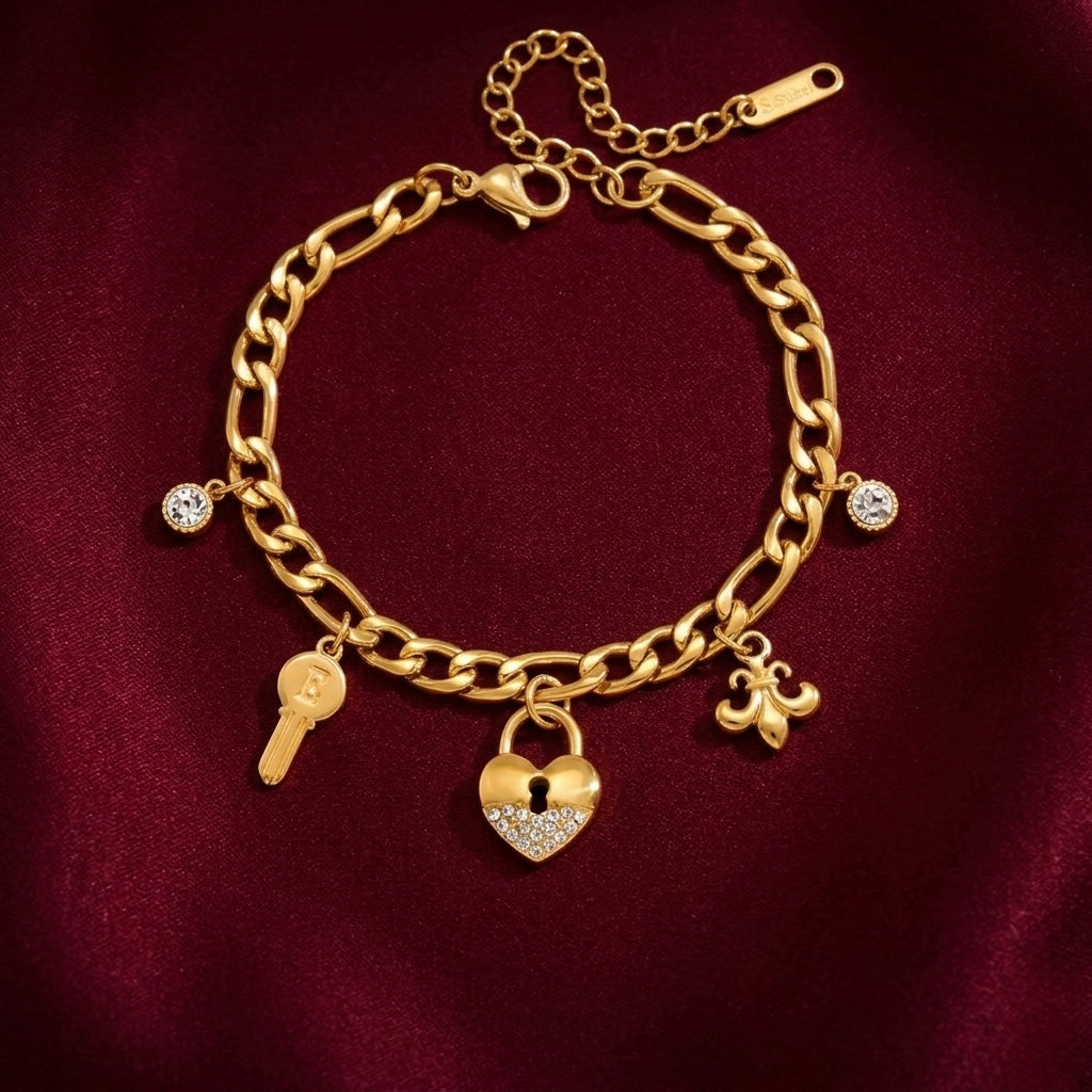 Vintage Key &amp; Heart Lock Charm Bracelet