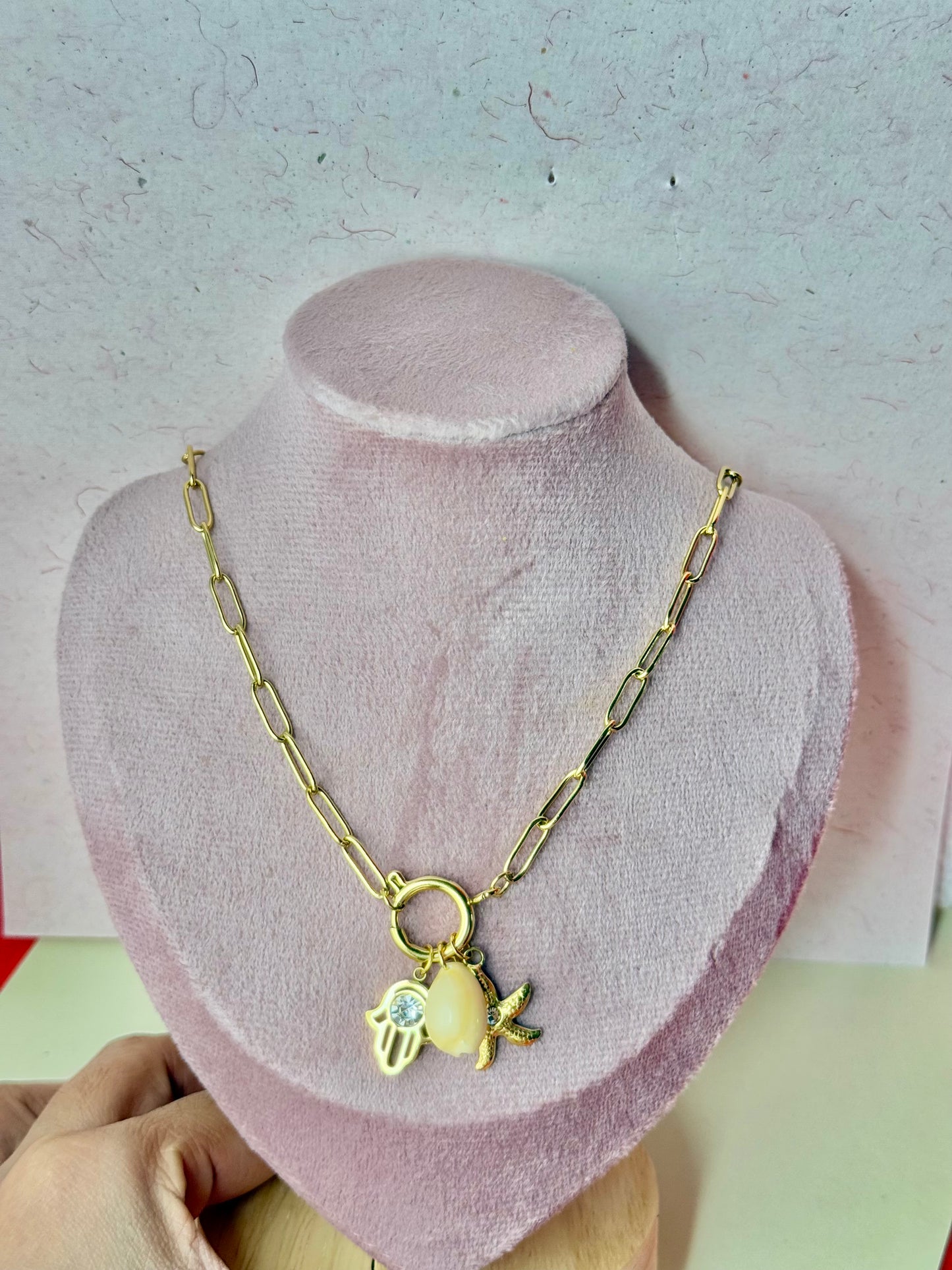 18K Gold Plated Charm Pendant Necklace – Hamsa, Starfish & Shell | Waterproof & Anti-Tarnish | Aarina Jewellery