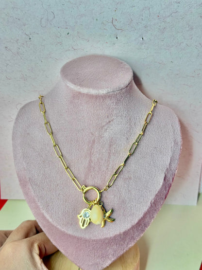 18K Gold Plated Charm Pendant Necklace – Hamsa, Starfish & Shell | Waterproof & Anti-Tarnish | Aarina Jewellery