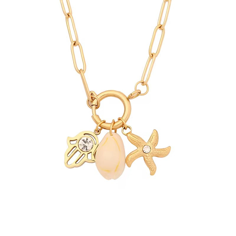 18K Gold Plated Charm Pendant Necklace – Hamsa, Starfish & Shell | Waterproof & Anti-Tarnish | Aarina Jewellery