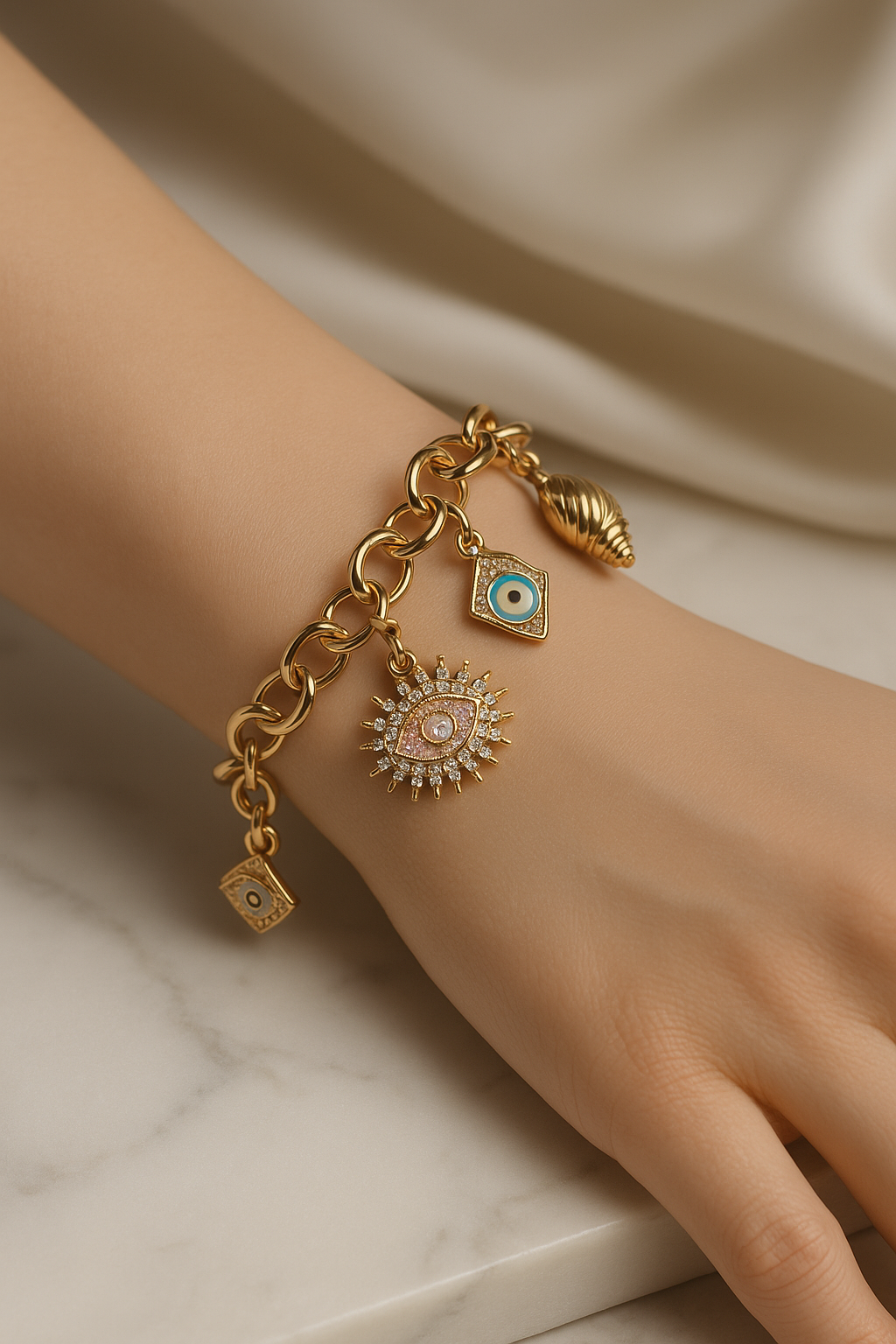 Elegant Gold Charm Bracelet with Evil Eye Protection