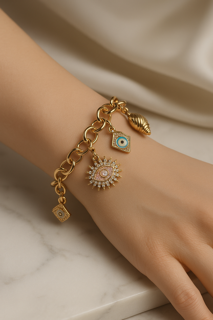 Elegant Gold Charm Bracelet with Evil Eye Protection