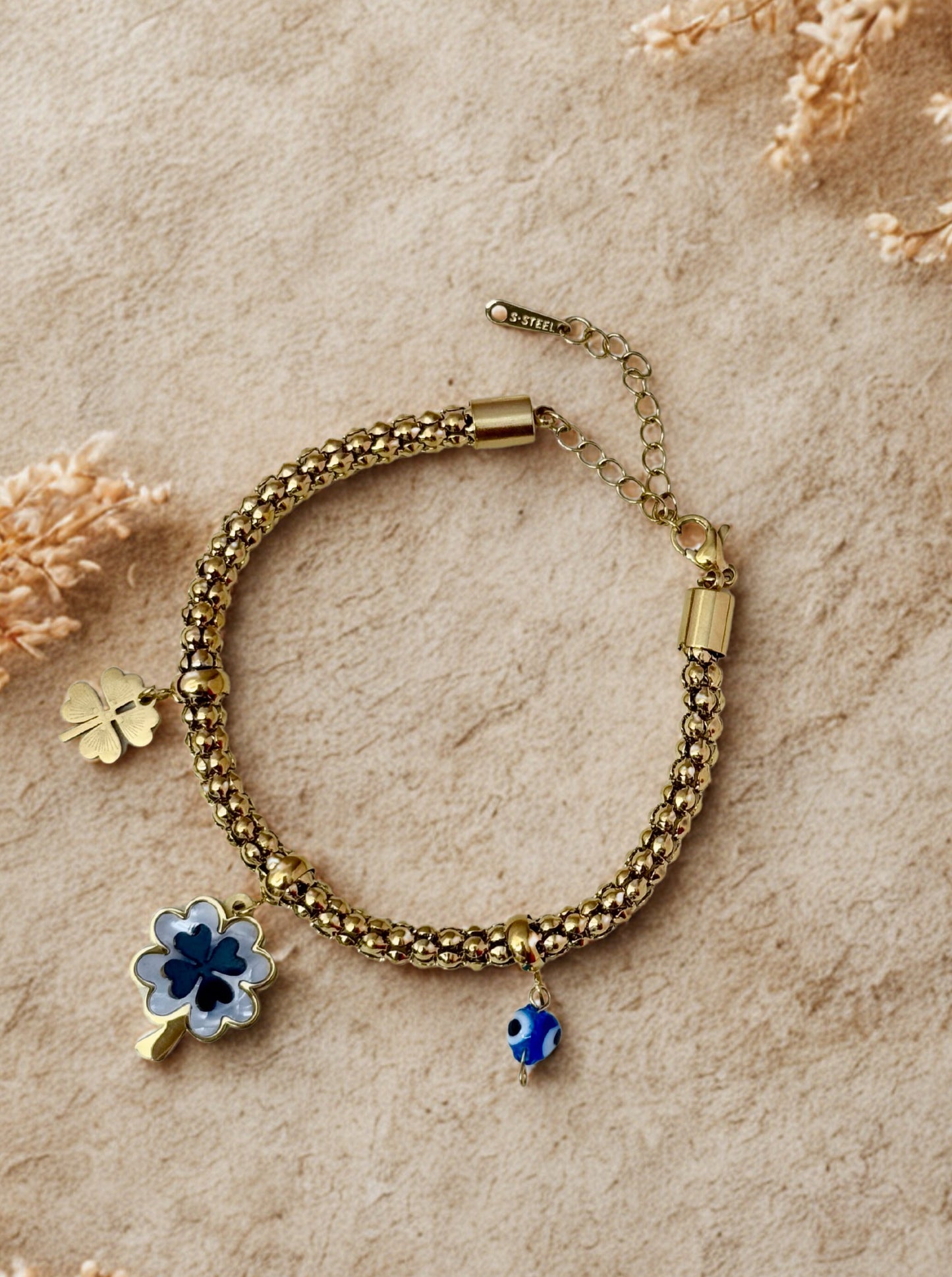 "Aarina Jewellery 18k Gold Plated Clover & Evil Eye Charm Bracelet – Anti-Tarnish & Waterproof "