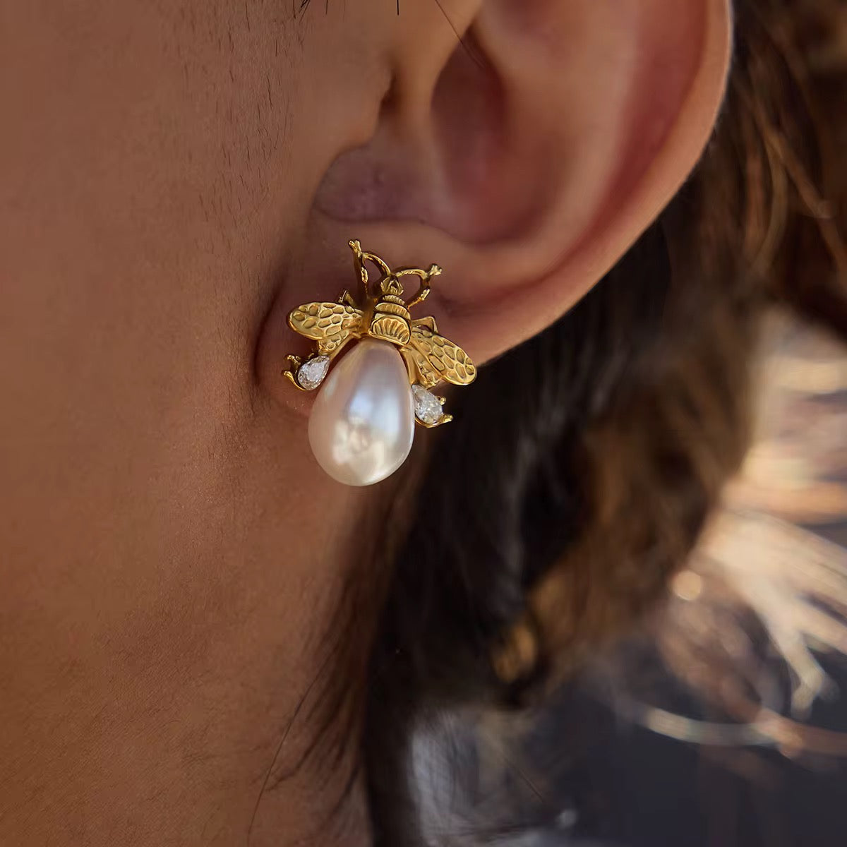 Honeybee Pearl Stud Earrings