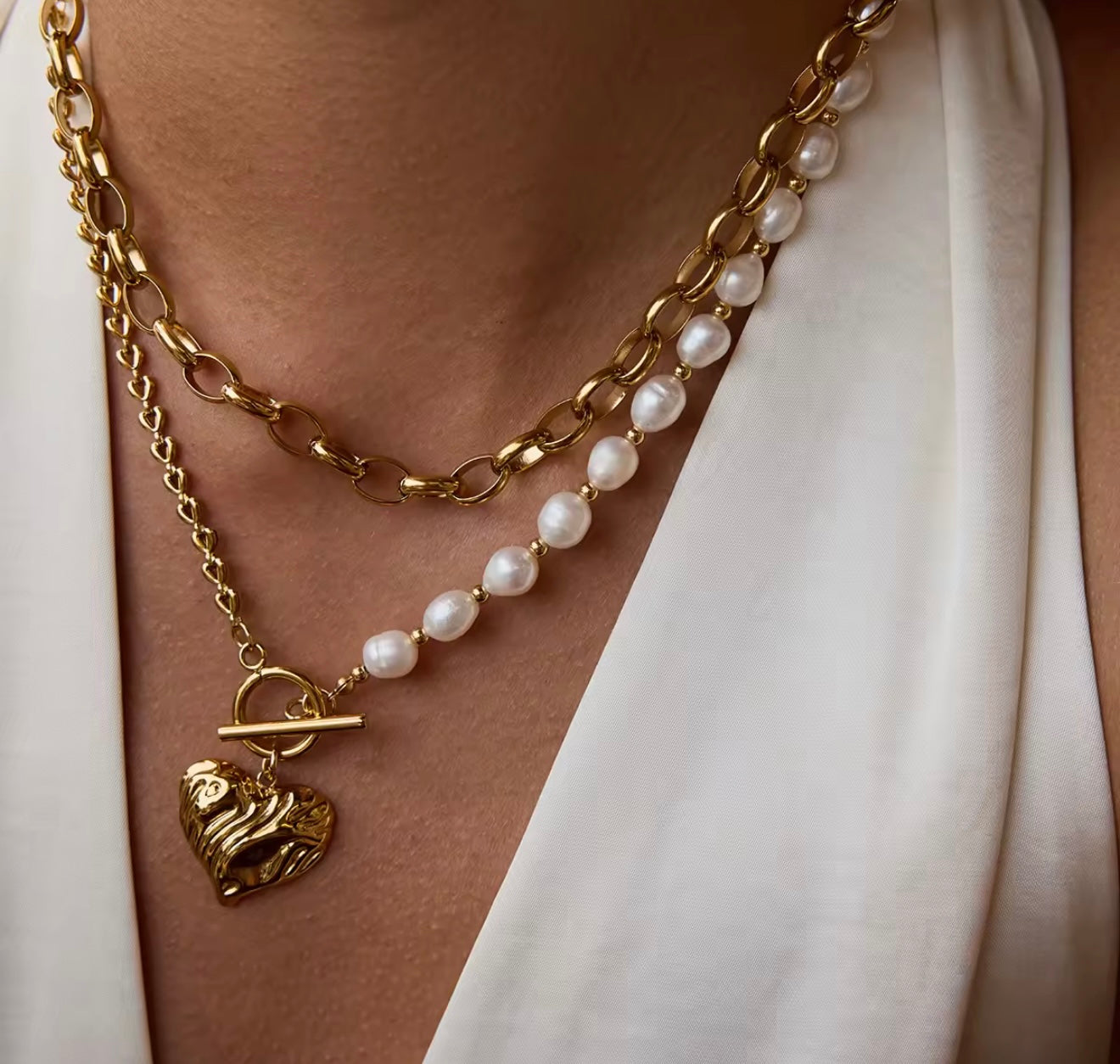 Pearl & Heart Dual Chain Necklace