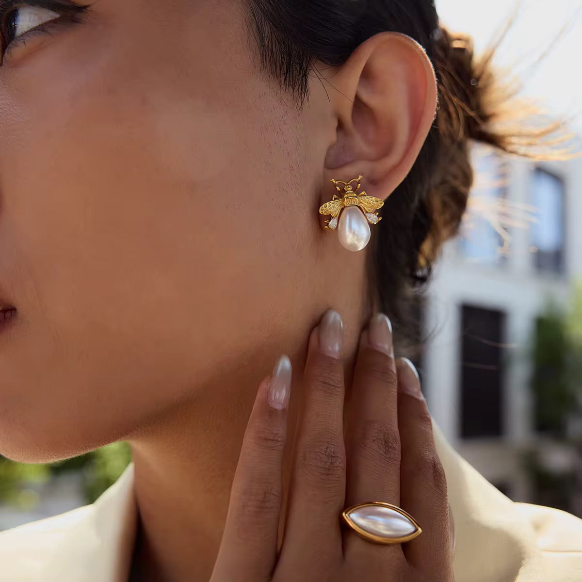 Honeybee Pearl Stud Earrings