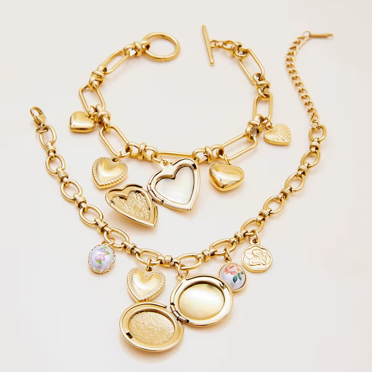 Aarina Charm Locket Bracelet Duo – Memories in Gold